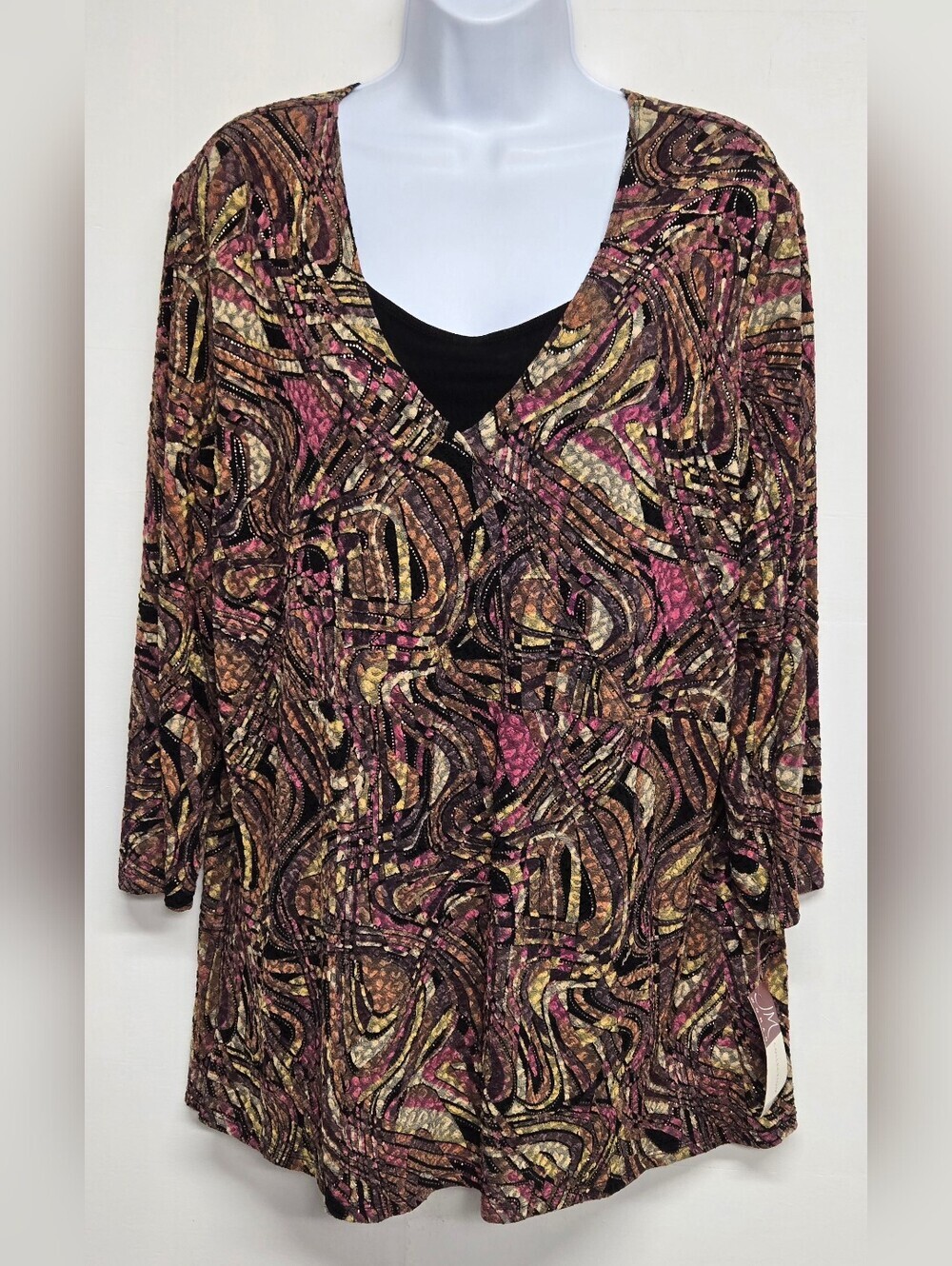 JM Collection 2X Vintage Pullover Top Front Panel Stretch Textured Metallic